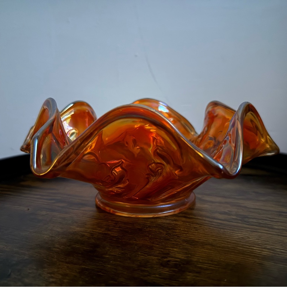 Mid-century modern orange carnival glass bowl